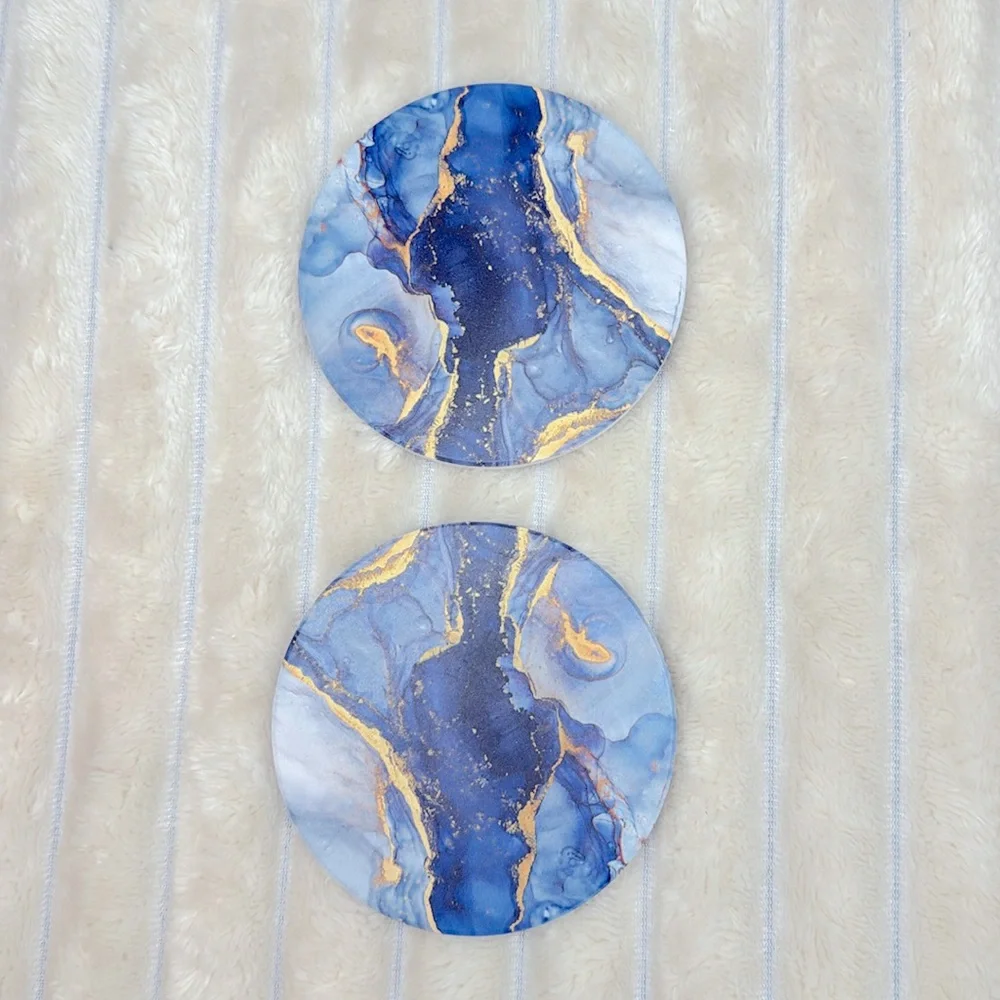 6 Pcs Navy Blue and Gold Marble Abstract Ceramic Coasters with Gold Holder